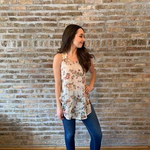 Floral cream and pink tank with lace detail